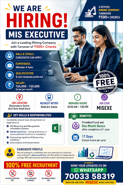 🚨 WE ARE HIRING – MIS EXECUTIVE  IN KOLKATA🚨