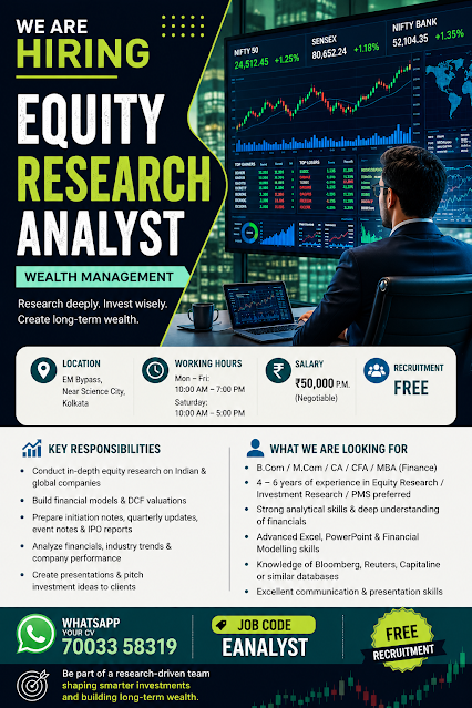 Urgent hiring for 📈 Equity Research Analyst – Wealth Management near Science City in Kolkata